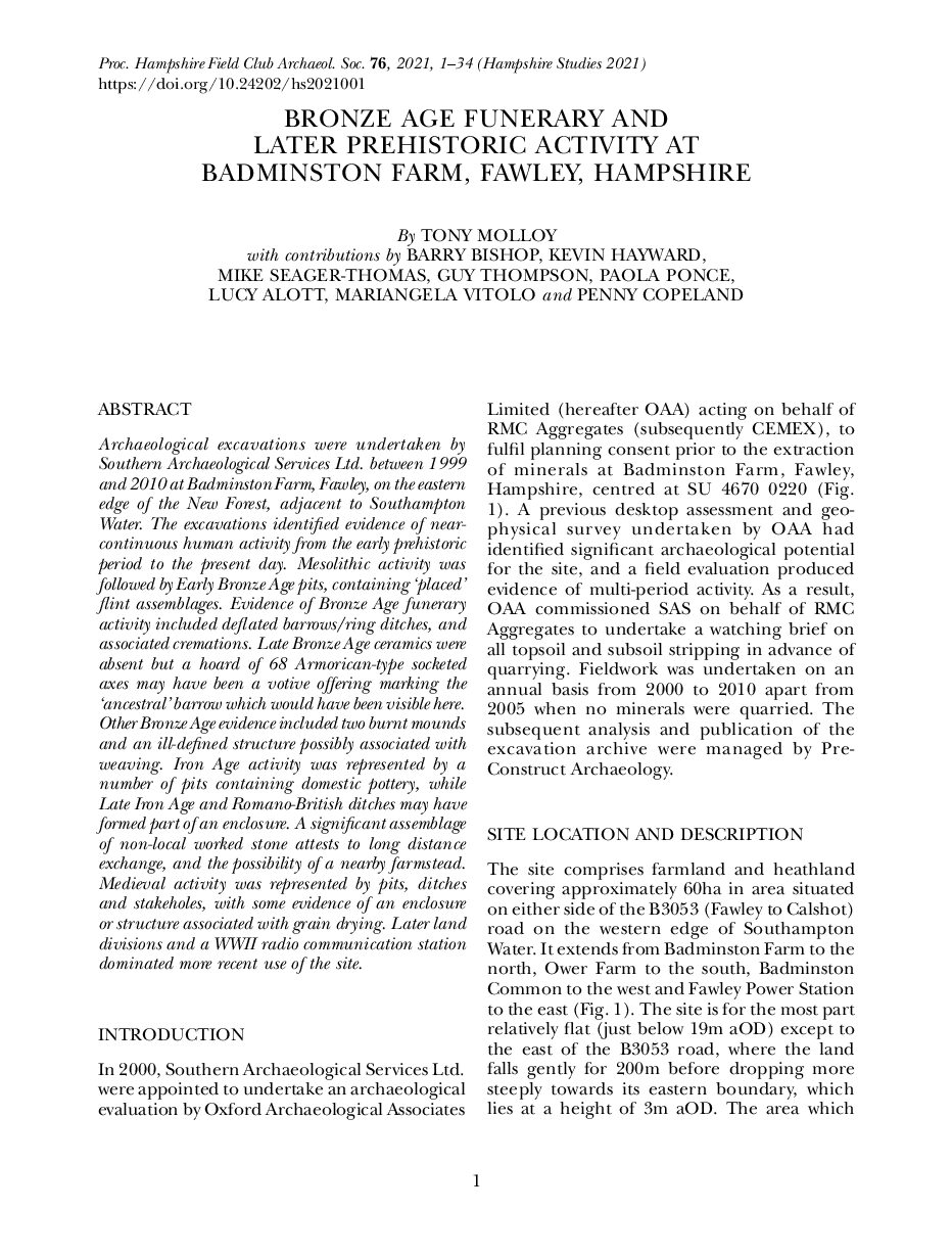 Bronze Age funerary and later Prehistoric activity at Badminton Farm, Fawley, Hampshire