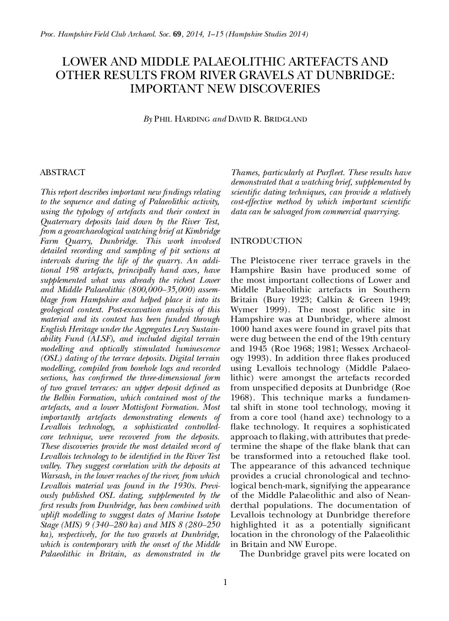 Lower and Middle Palaeolithic Artefacts and Other Results from River Gravels at Dunbridge: Important New Discoveries