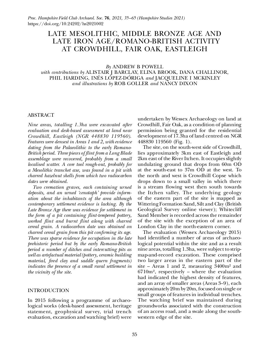 Late Mesolithic, Middle Bronze Age and Late Iron Age/Romano-British activity at Crowdhill, Fair Oak, Eastleigh