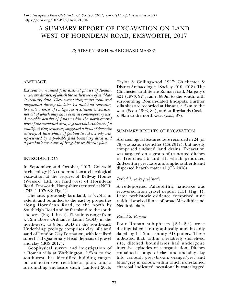 A summary report of excavation on land west of Horndean Road, Emsworth, 2017