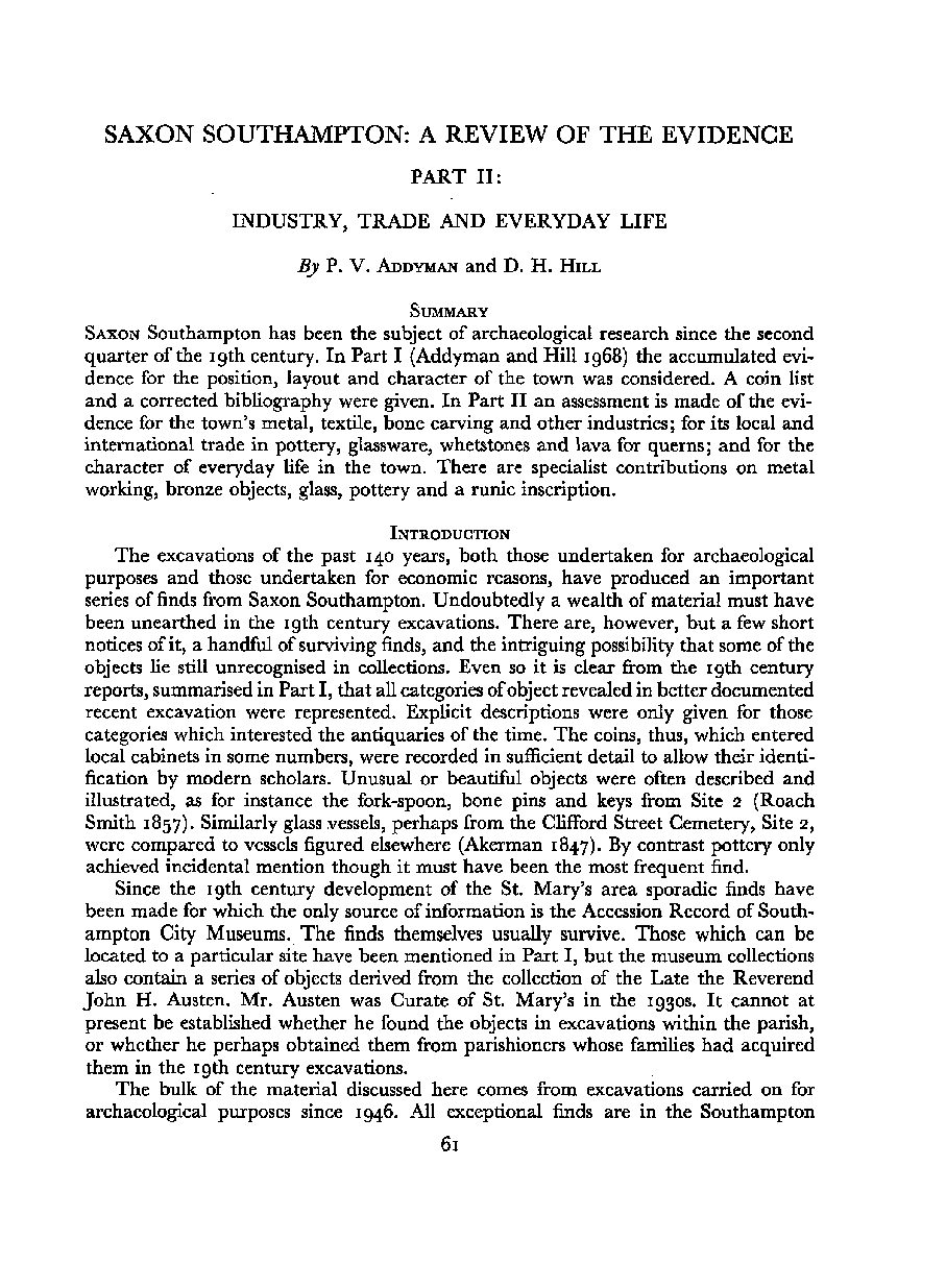 Saxon Southampton: A Review of the Evidence. Part II, Industry, Trade and Everyday life