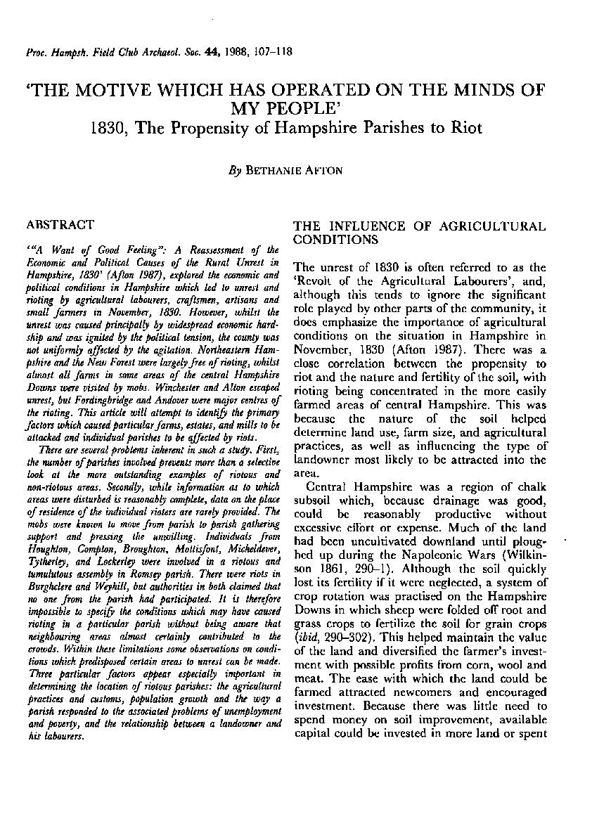 ‘The Motive which has Operated on the Minds of my People’: 1830, the Propensity of the Hampshire Parishes to Riot