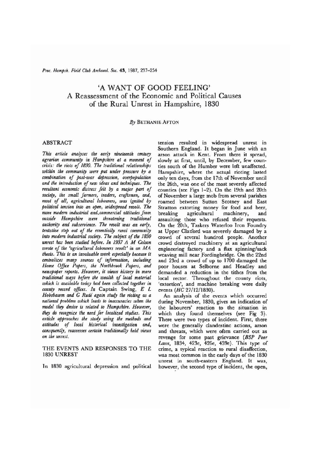 ‘A Want of Good Feeling’ A Reassessment of the Economic and 237 Political Causes of the Rural Unrest in Hampshire, 1830