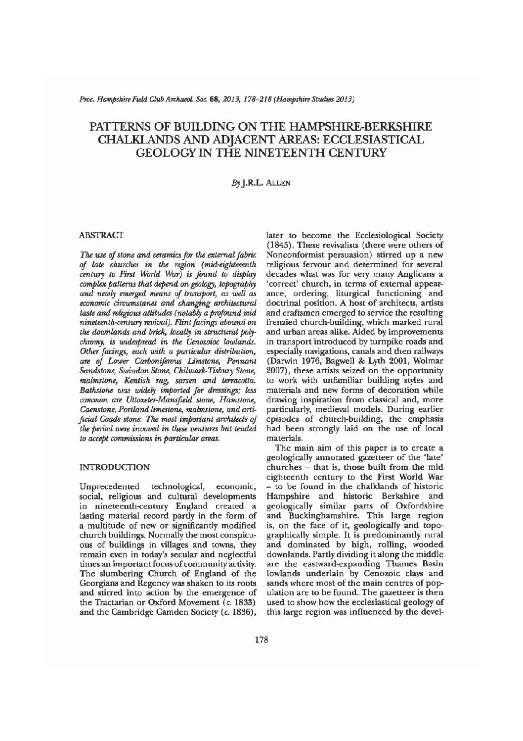 Patterns of Building on the Hampshire-Berkshire Chalklands and Adjacent Areas: Ecclesiastical Geology in the Nineteenth Century