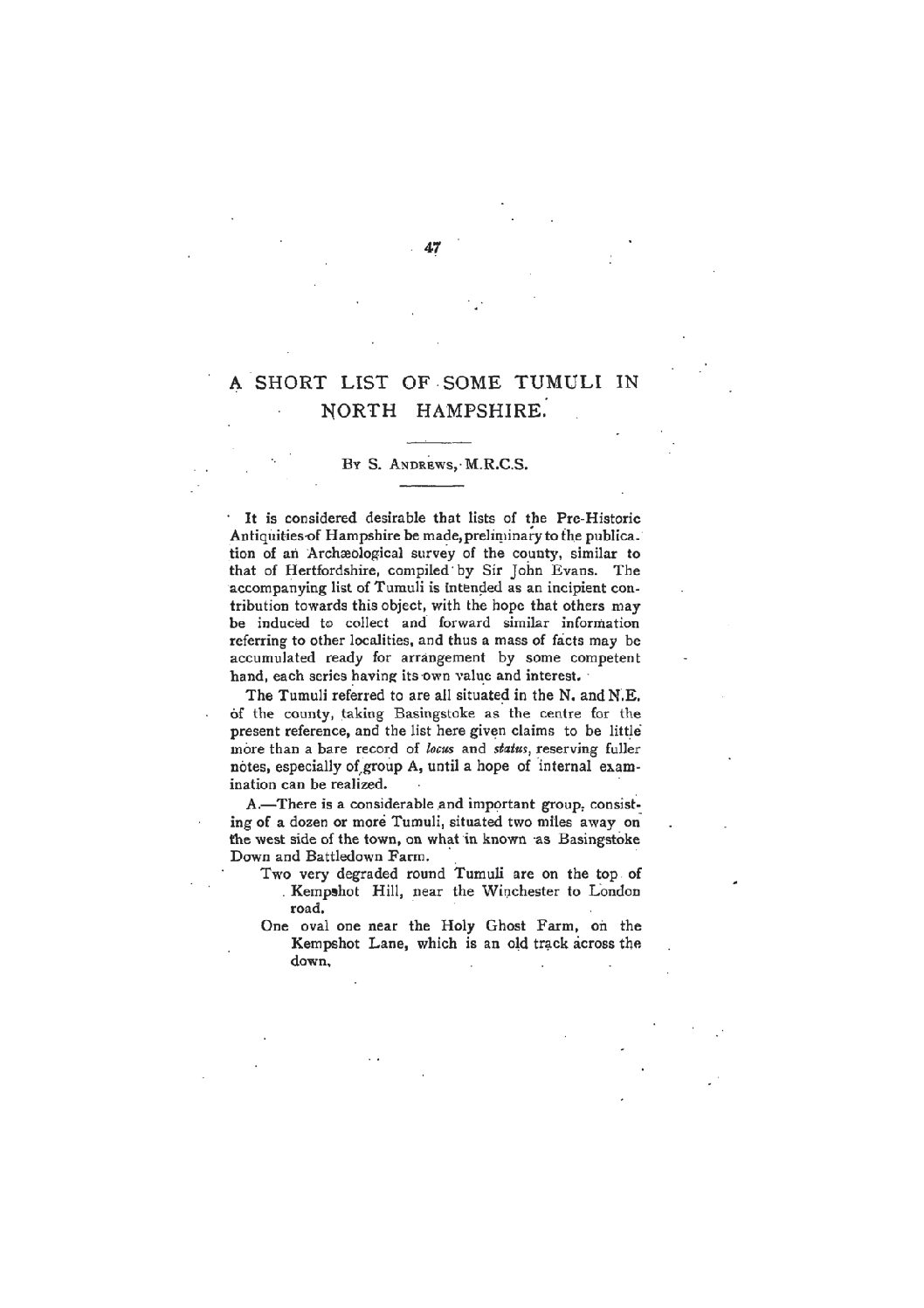 A Short List of some Tumuli in North Hampshire