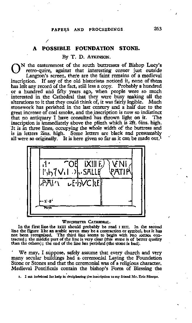 A Possible Foundation-Stone at Winchester Cathedral