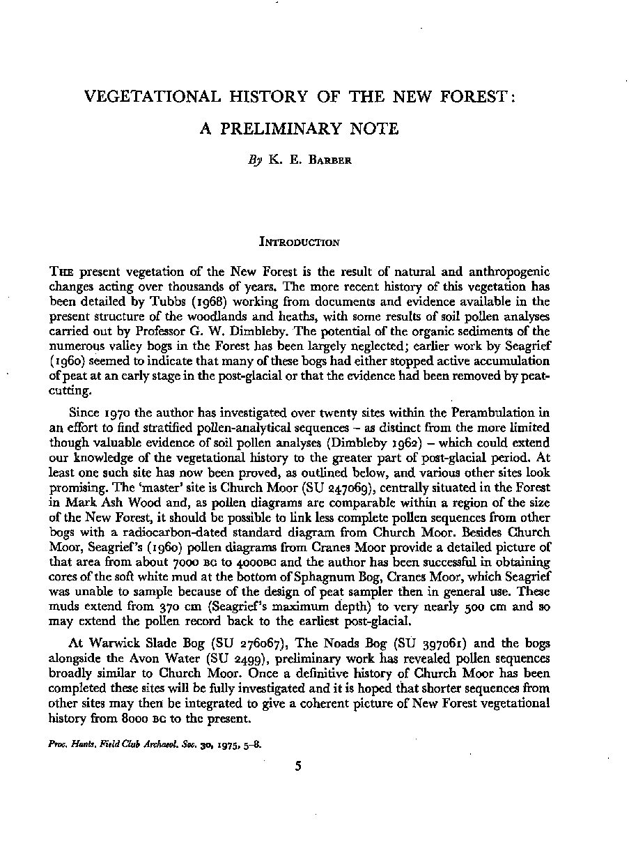 Vegetational history of the New Forest: a preliminary note