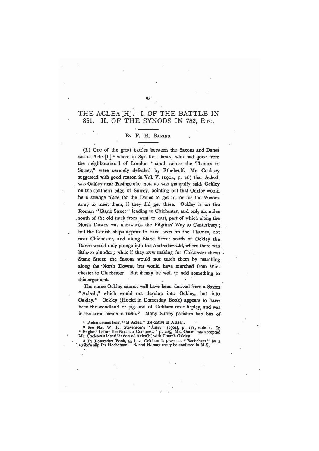 The Aclea[h].?I. Of the Battle in 851. II. Of the Synods in 782, etc