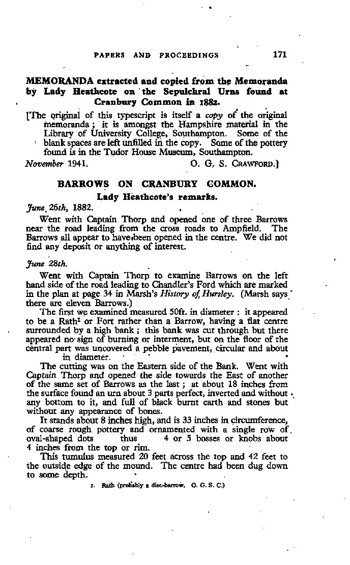 Barrows on Cranbury Common: Memoranda by Lady Heathcote in 1882