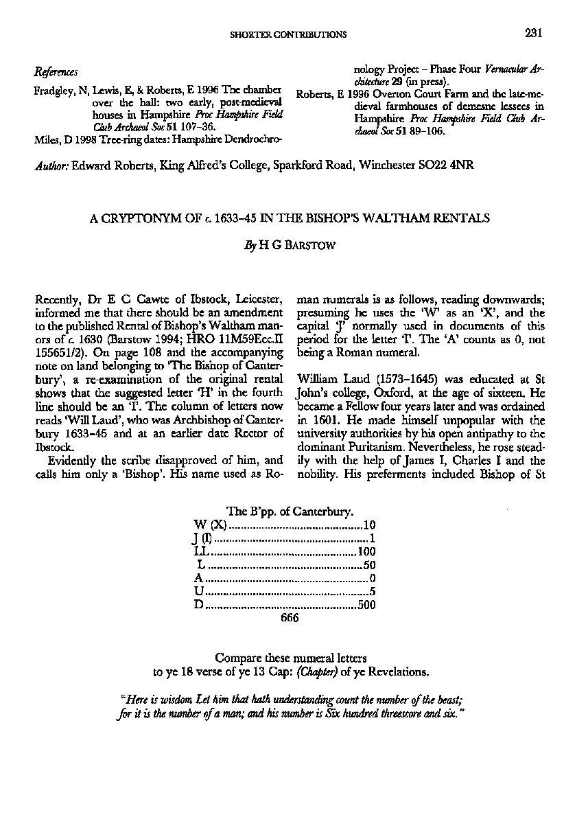 A cryptonym of c 1633 in the Bishop’s Waltham Rentals