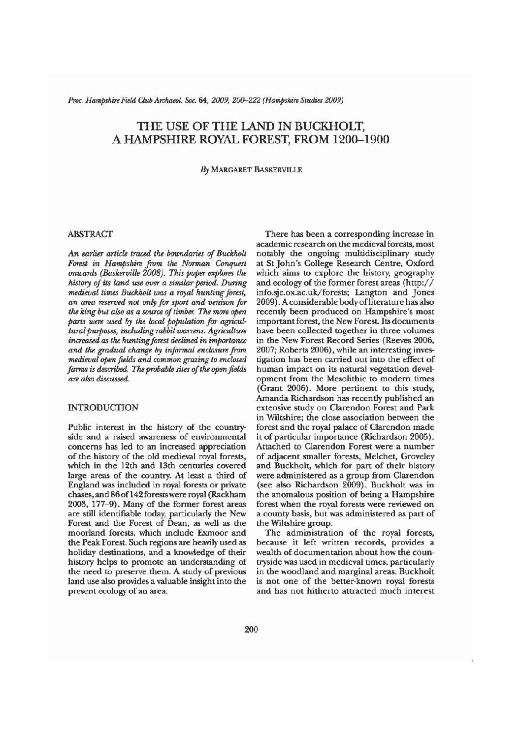The Use of the Land in Buckholt, A Hampshire Royal Forest, from 1200 – 1900