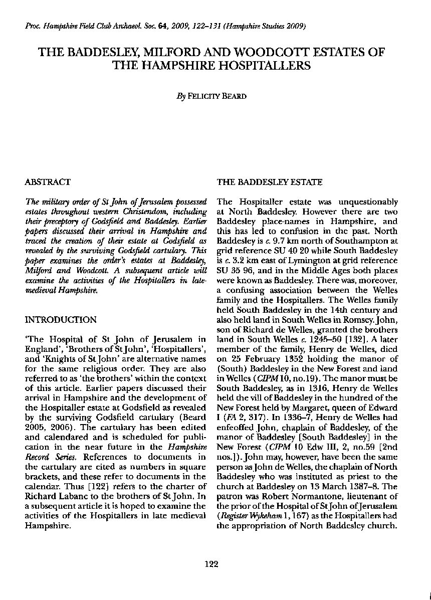 The Baddesley, Milford & Woodcott Estates of the Hampshire Hospitallers