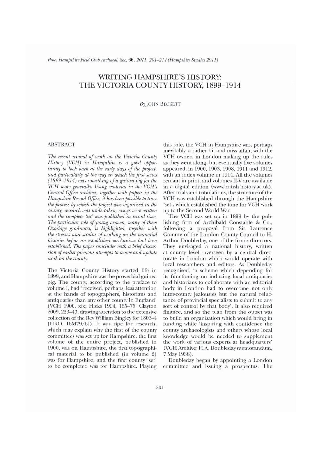 Writing Hampshire’s History: The Victoria County History, 1899-1914