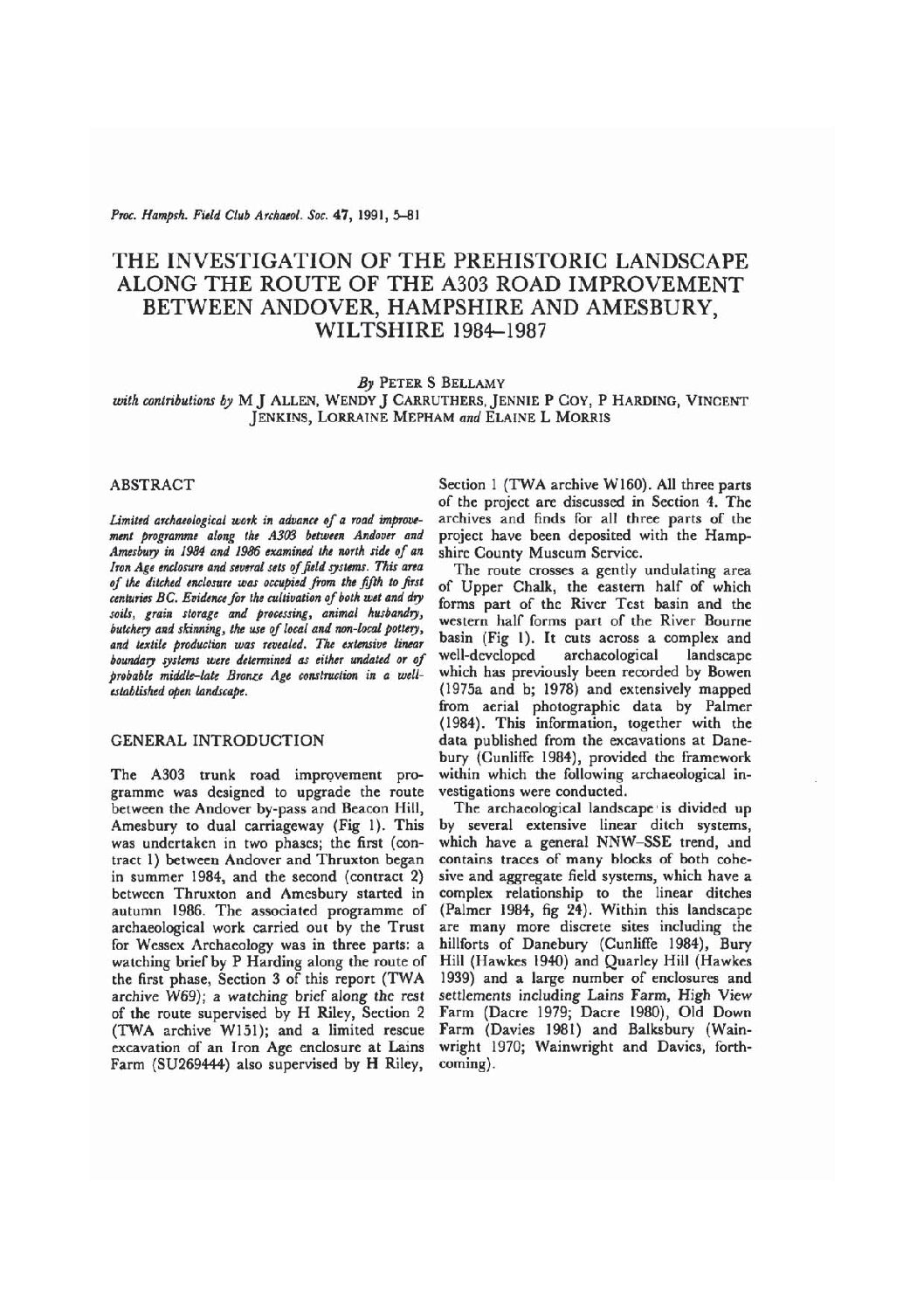 The investigation of the prehistoric landscape along the route of the A303 improvement between Andover, Hampshire and Amesbury, Wiltshire, 1984-7