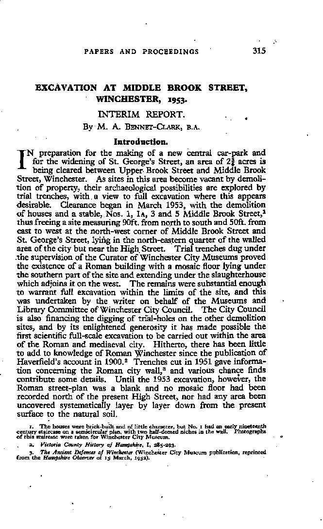 Excavation at Middle Brook Street, Winchester, 1953: Interim Report