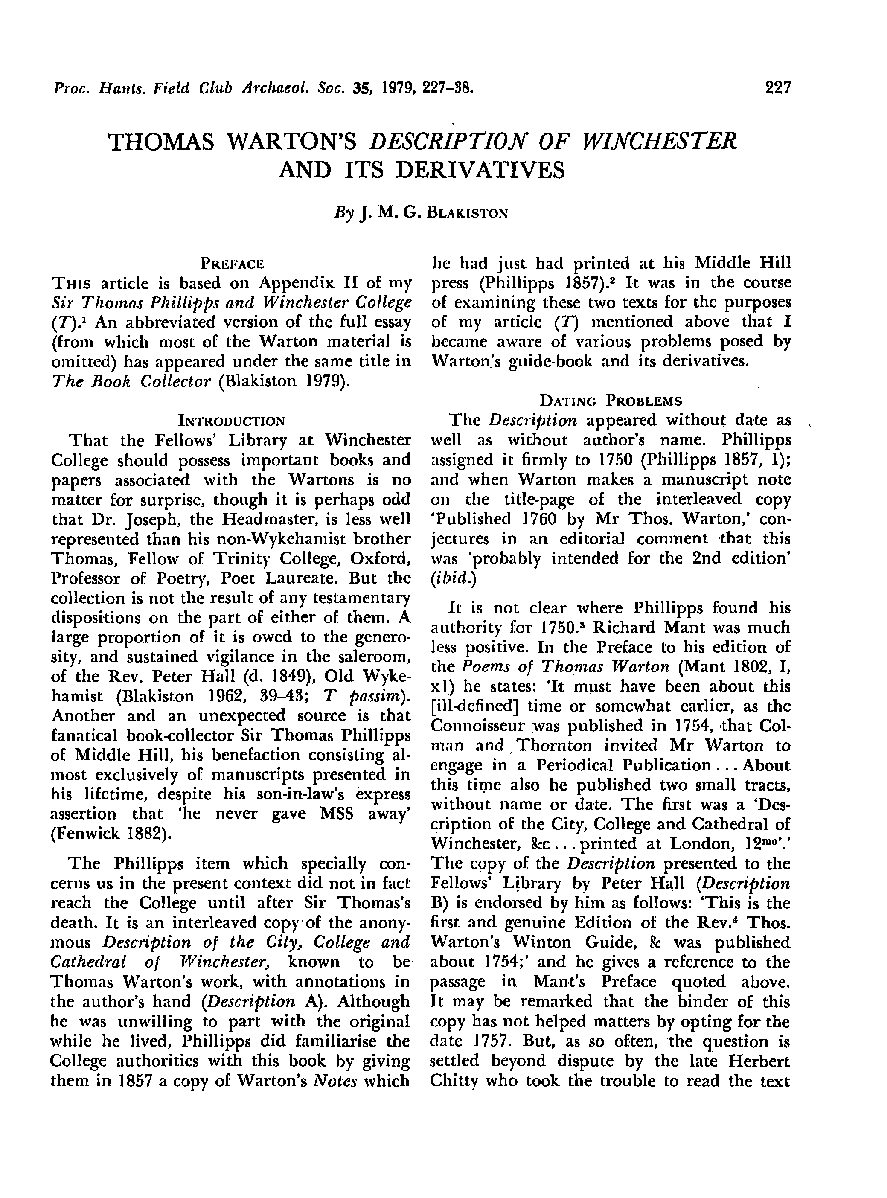 Thomas Warton’s Description of Winchester and its derivatives