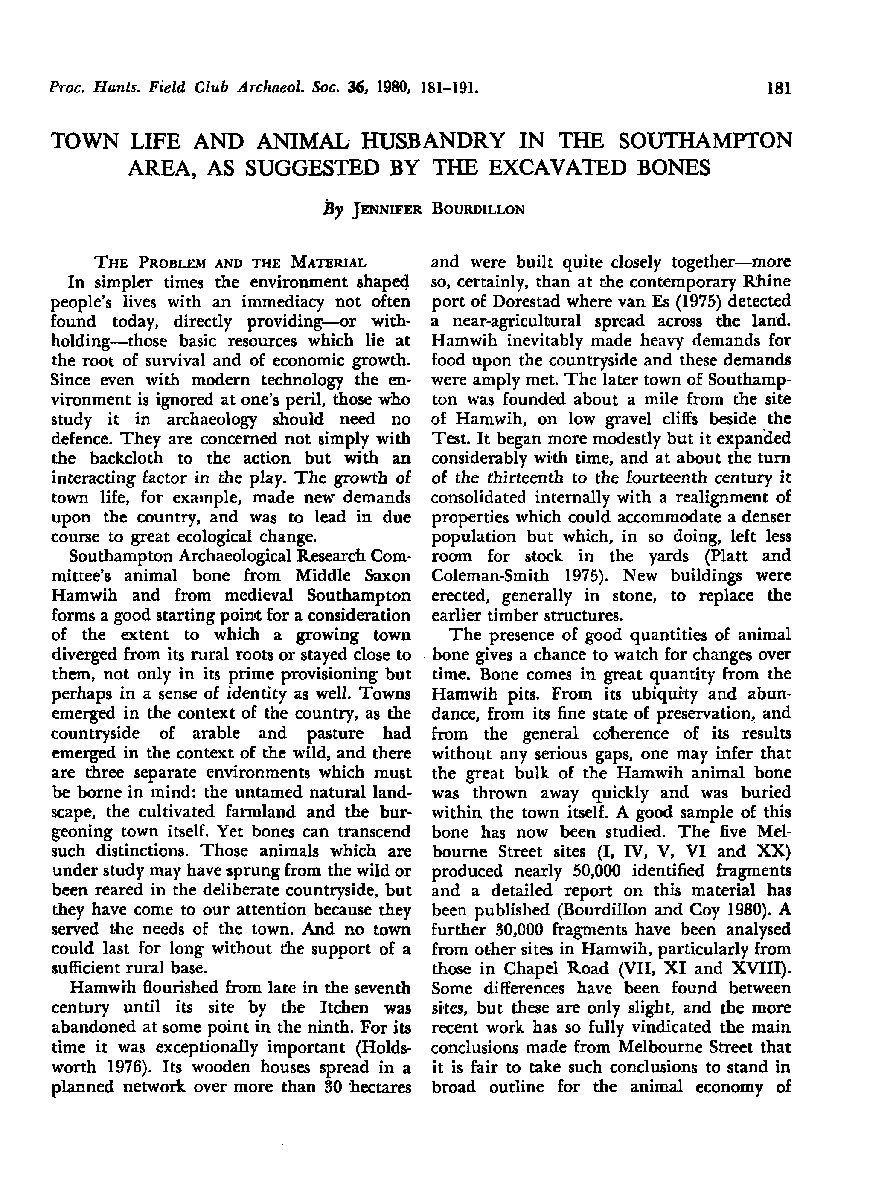 Town life and animal husbandry in the Southampton area, as suggested by the excavated bones