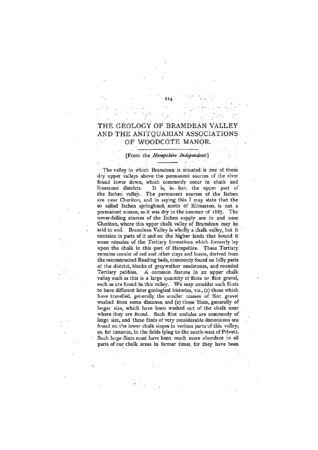 The Geology of the Bramdean Valley and the Antiquarian Associations of Woodcote Manor