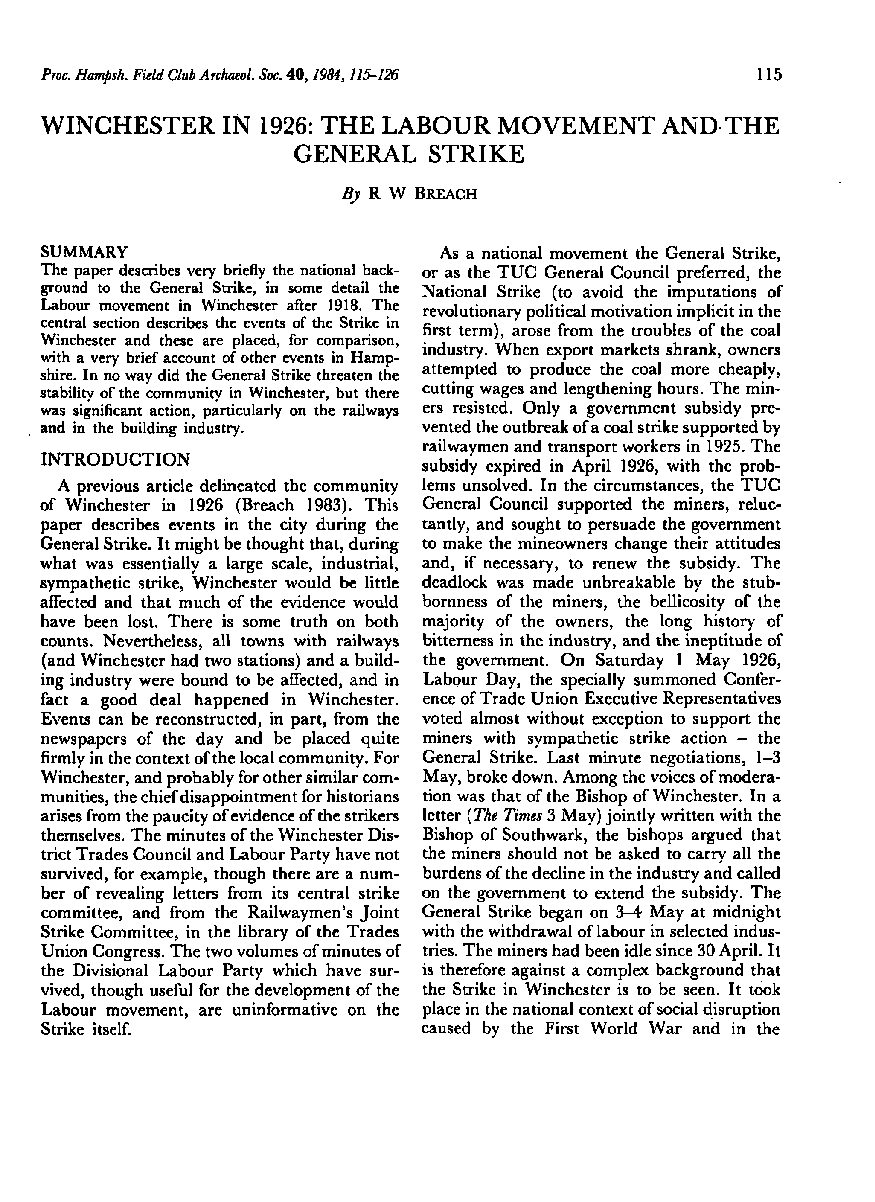 Winchester in 1926: The Labour Movement and the General Strike