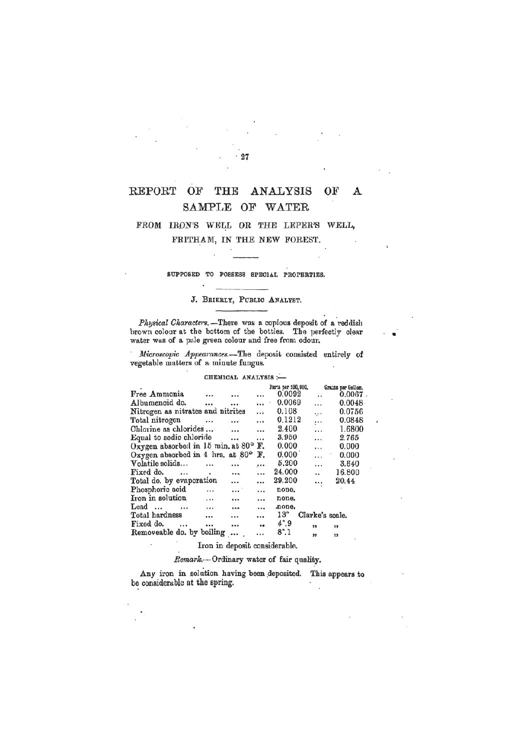 Report of the Analysis of a Sample of Water