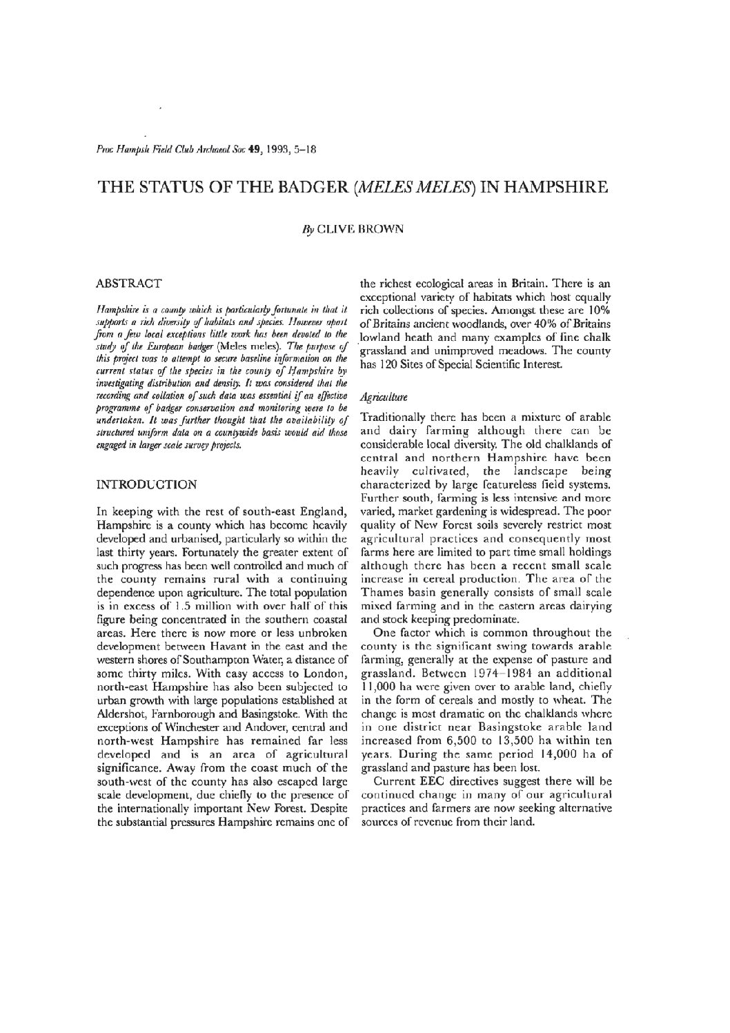 The Status of the Badger (Meles meles) in Hampshire