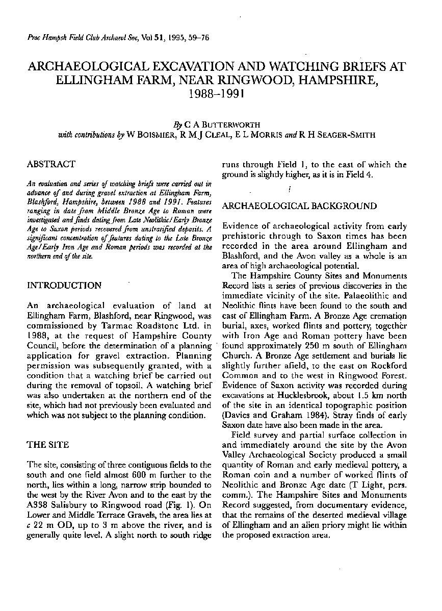 Archaeological Excavations and Watching Briefs at Ellingham Farm, near Ringwood, Hampshire 1988-1991