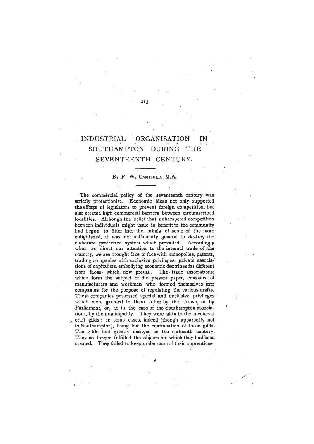 Industrial Organisation in Southampton during the Seventeenth Century
