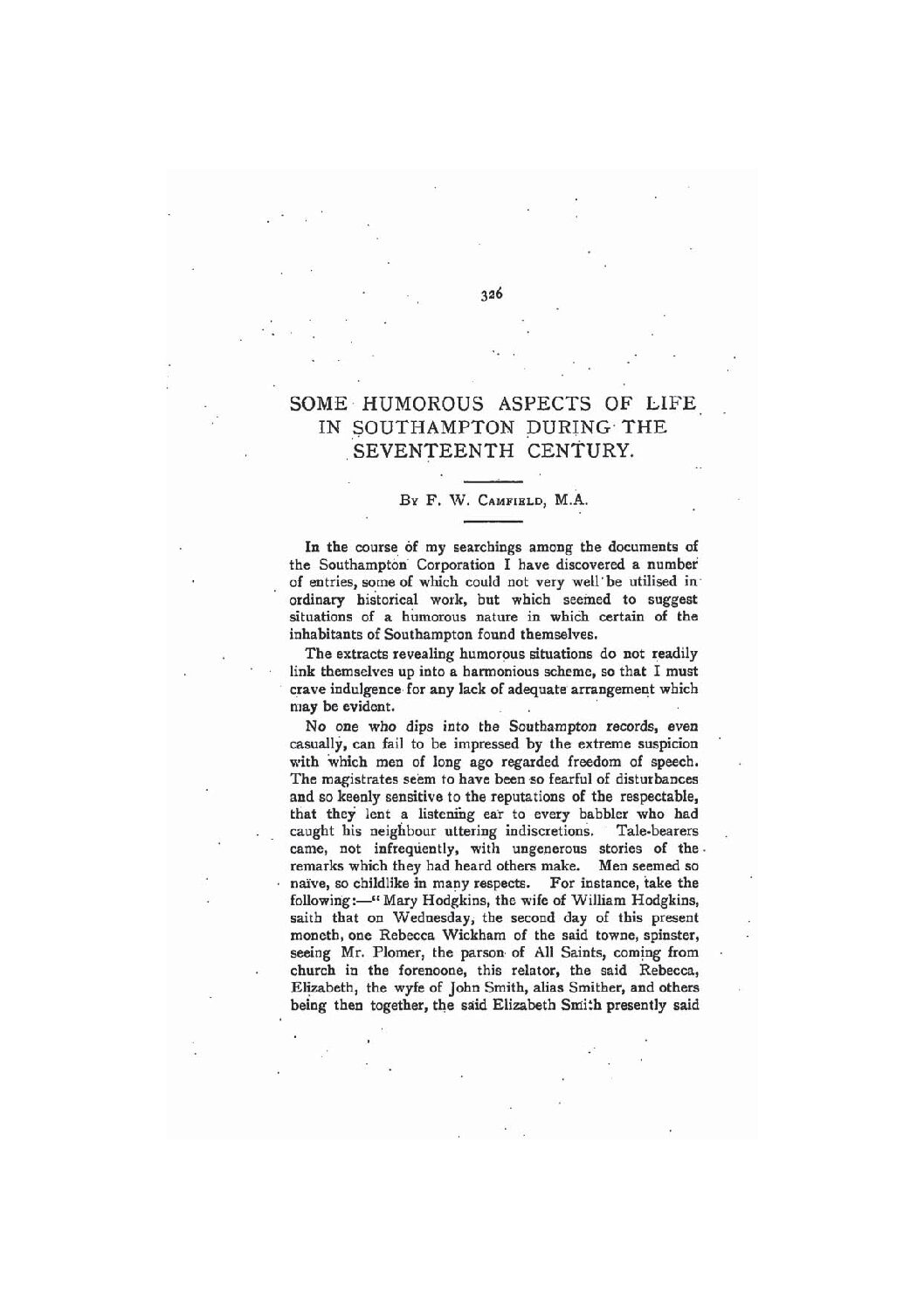 Some Humorous Aspects of Life in Southampton during the Seventeenth Century