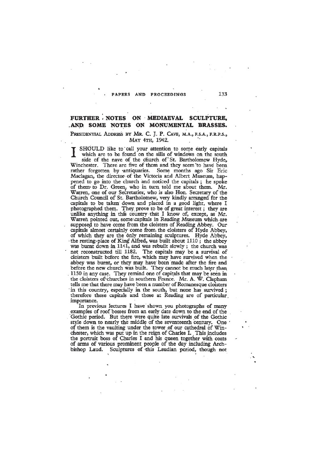 Further notes on Mediaeval Sculptures, and some notes on Monumental Brasses