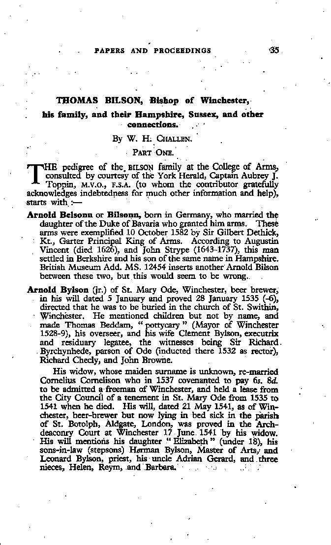 Thomas Bilson, his Family, and their Hampshire, Sussex, and other Connections, Part 1