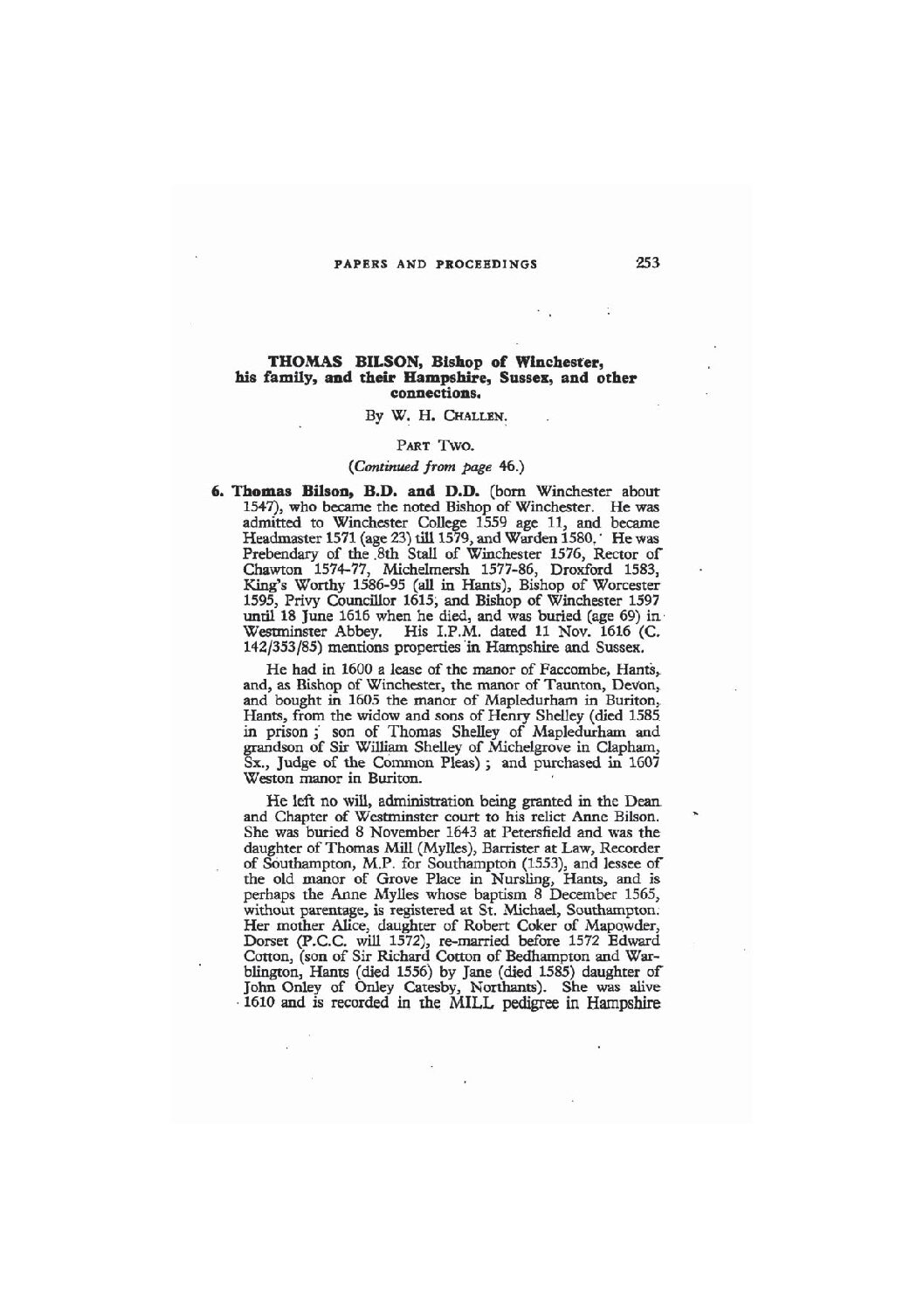 Thomas Bilson, his Family and their Hampshire, Sussex, and other Connections, Part 2