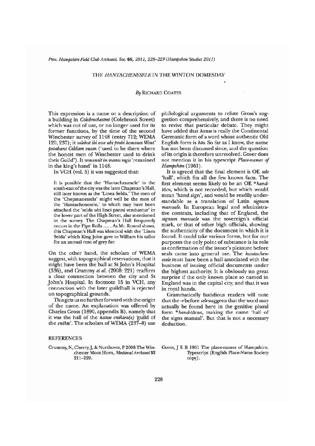 The Hantachenesele in the Winton Domesday