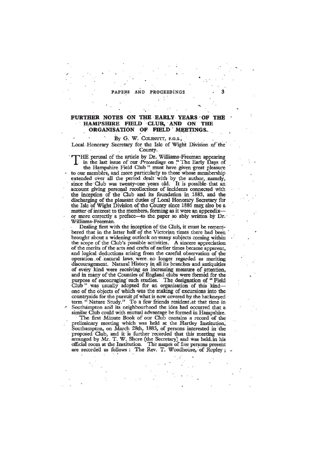 Further Notes on the Early Years of The Hampshire Field Club, and on the Organisation of Field Meetings