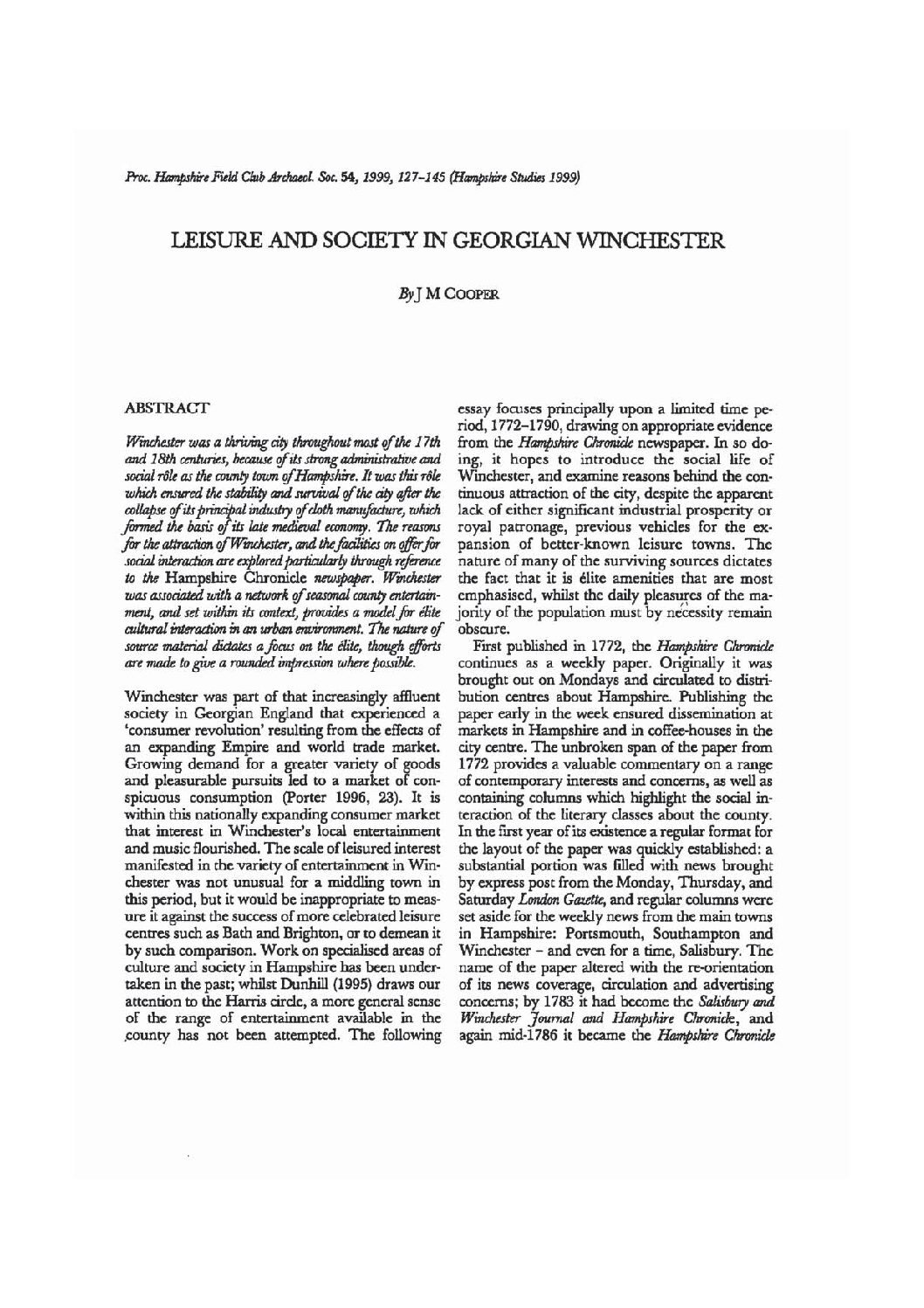 Leisure and society in Georgian Winchester