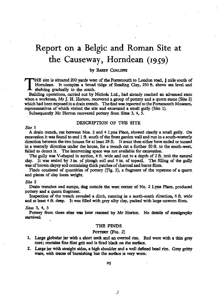 Report on a Belgic and Roman Site at the Causeway, Horndean (1959)
