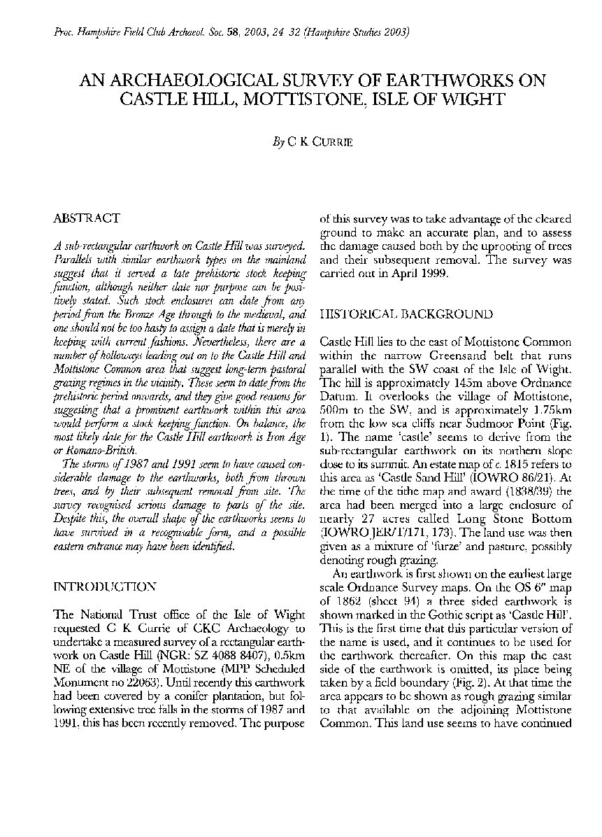 An archaeological survey of earthworks on Castle Hill, Mottistone, Isle of Wight
