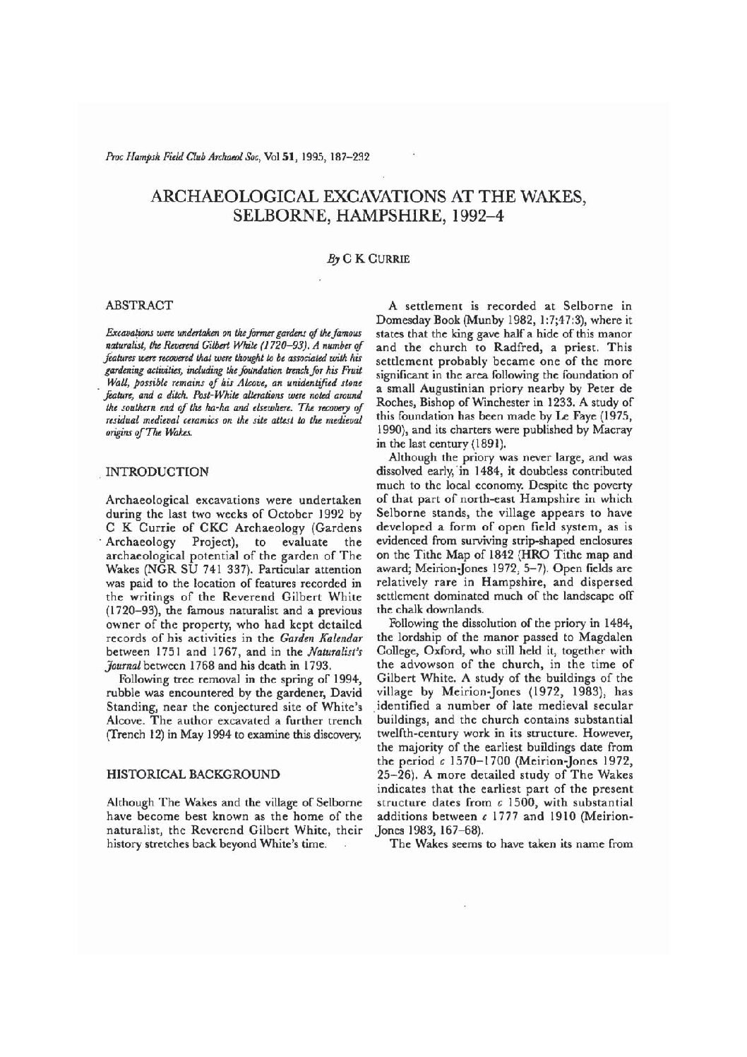 Archaeological Excavations at The Wakes, Selbourne, Hampshire, 1992-4