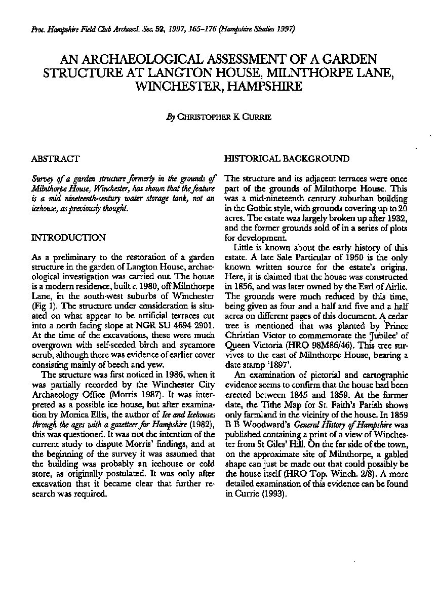 An archaeological assessment of a garden structure at Langton House, Milnthorpe Lane, Winchester, Hampshire