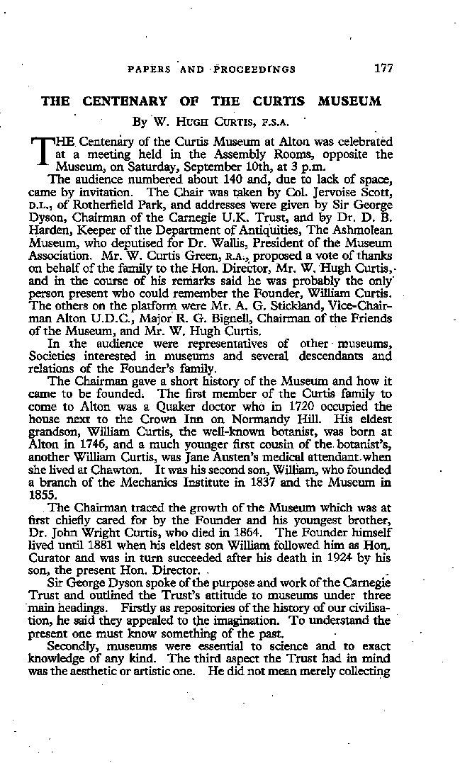 The Centenary of the Curtis Museum