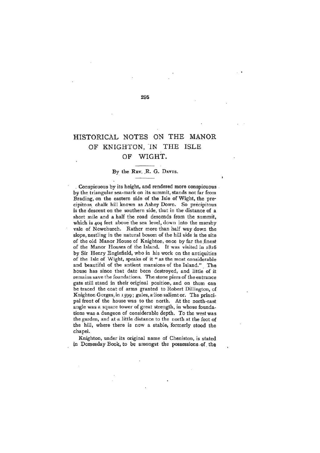 Historical Notes on the Manor of Knighton, Isle of Wight