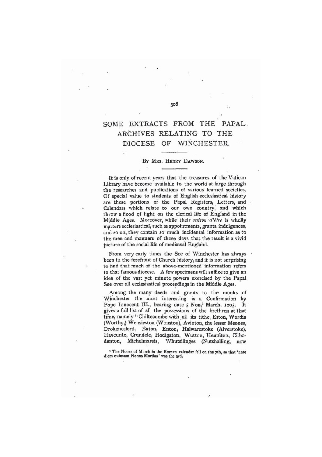 Some Extracts from the Papal Archives Relating to the Diocese of Winchester