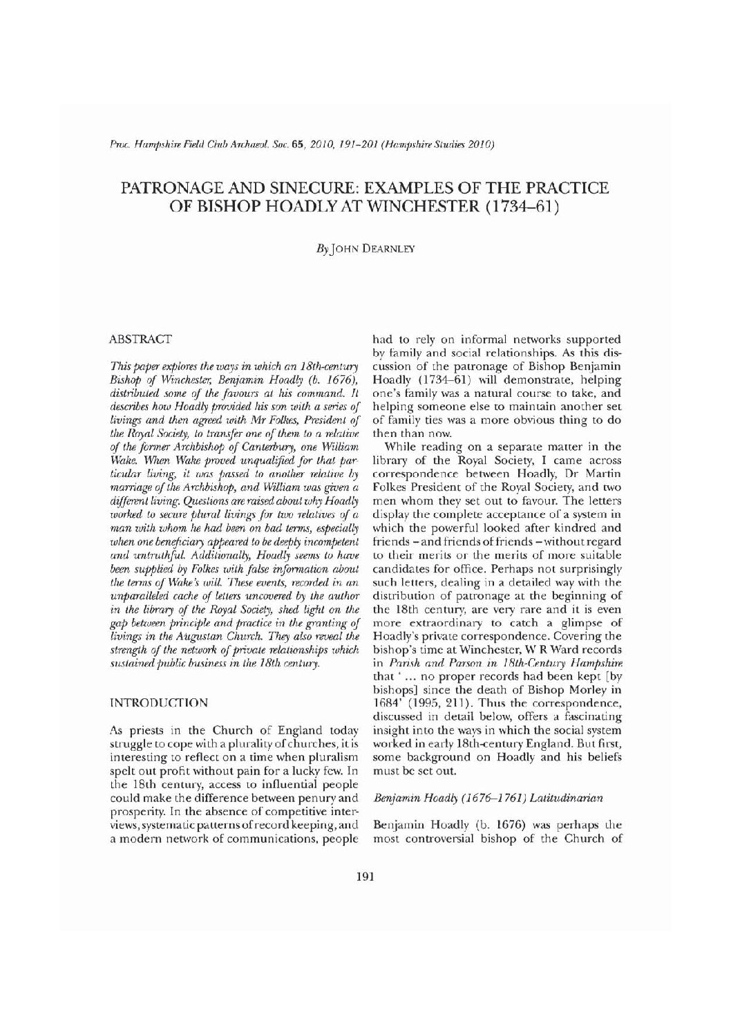 Patronage and Sinecure: Examples of The Practice of Bishop Hoadly at Winchester (1734-61)
