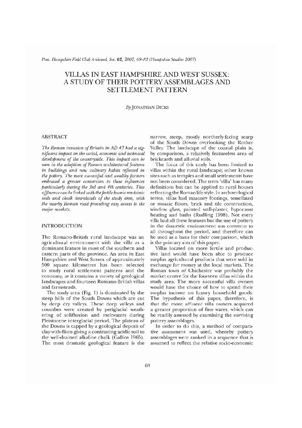 Villas in East Hampshire and West Sussex: A Study of their Pottery Assemblages and Settlement Pattern