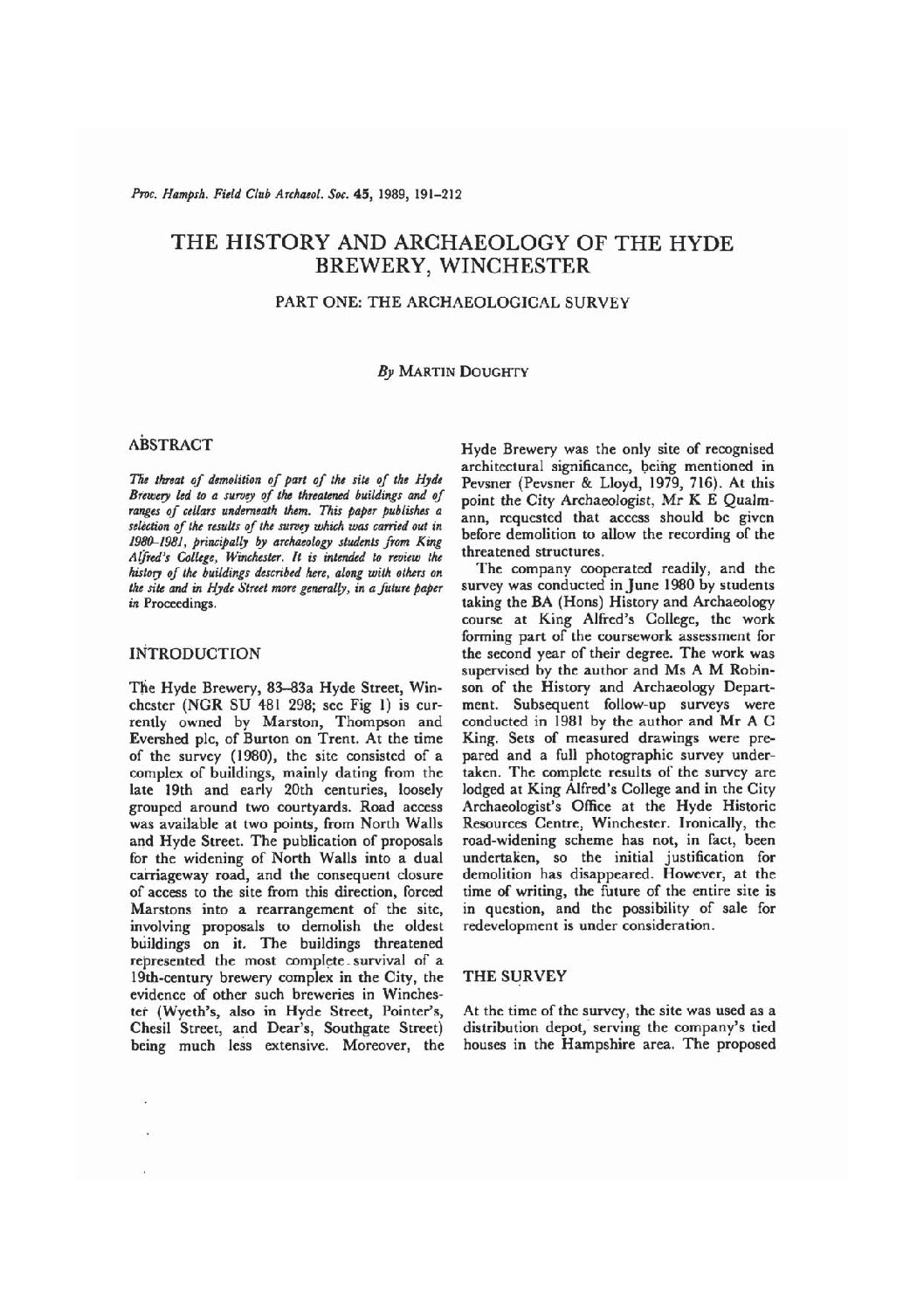 The History and Archaeology of the Hyde Brewery, Winchester, Part One: The Archaeological Survey