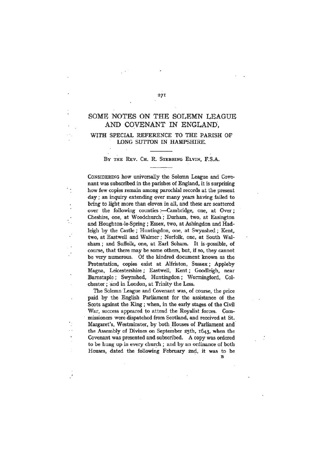 Some Notes on the Solemn League and Covenant in England
