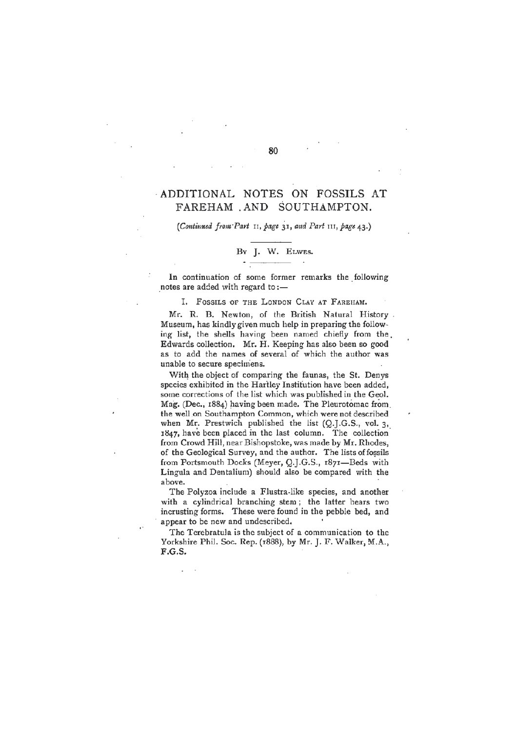 Additional Notes on Fossils at Fareham and Southampton