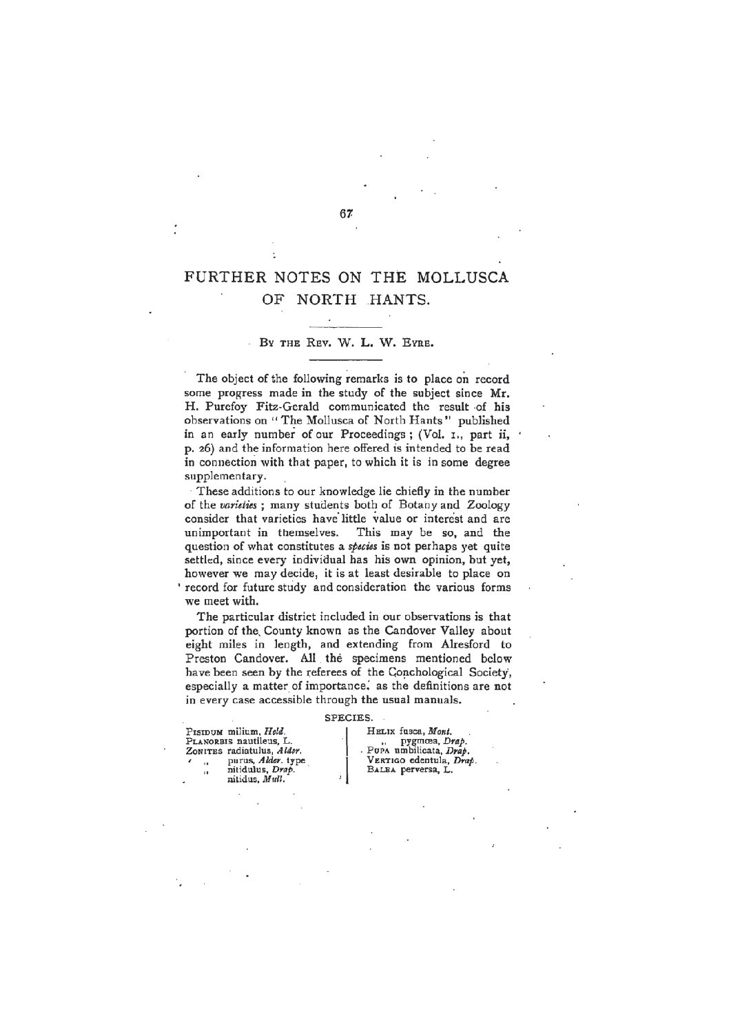 Further Notes on the Mollusca of North Hants