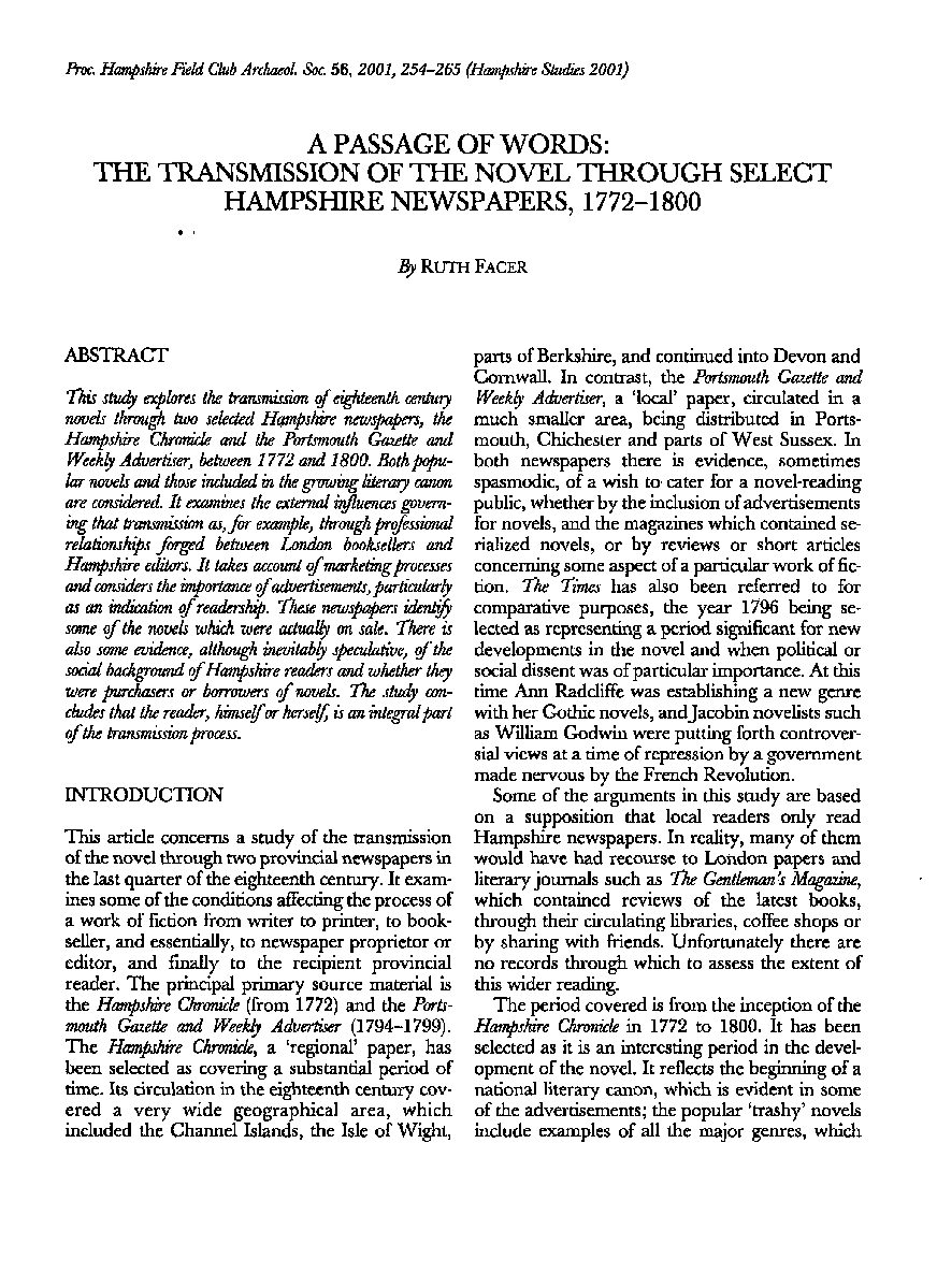 A Passage of words: the transmission of the novel through select Hampshire newspapers, 1772-1800