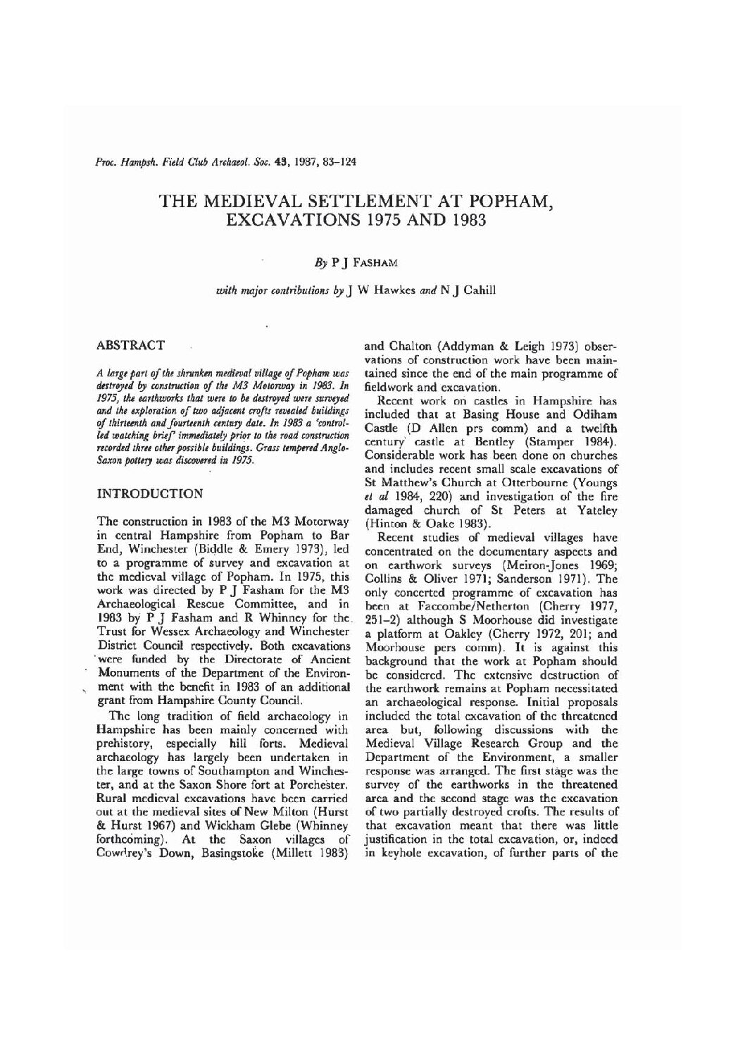 The Medieval Settlement at Popham, Excavation 1975 and 1983