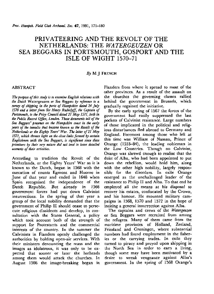 Privateering and the Revolt of the Netherlands: the waterguezen or sea beggars in Portsmouth, Gosport and the Isle of Wight, 1570-1